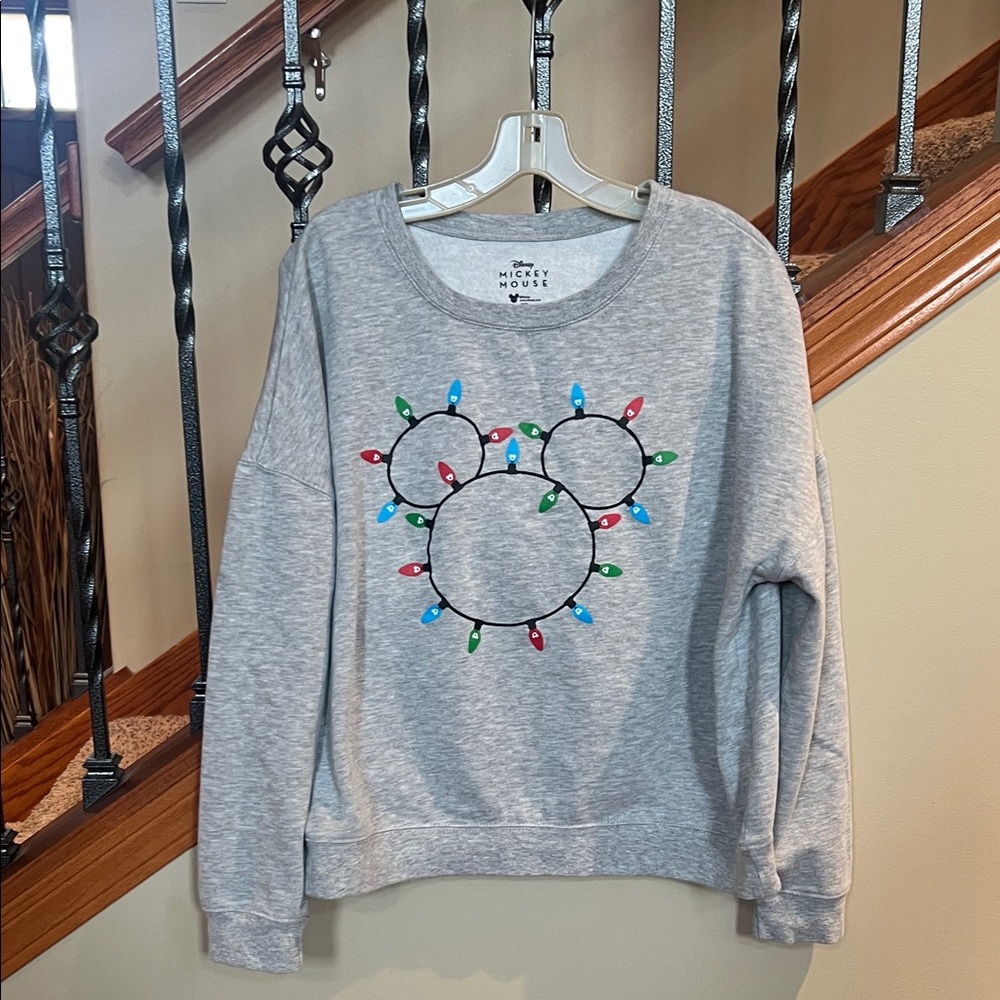 Disney Gray Crewneck Sweater with Mickey Christmas Light Design